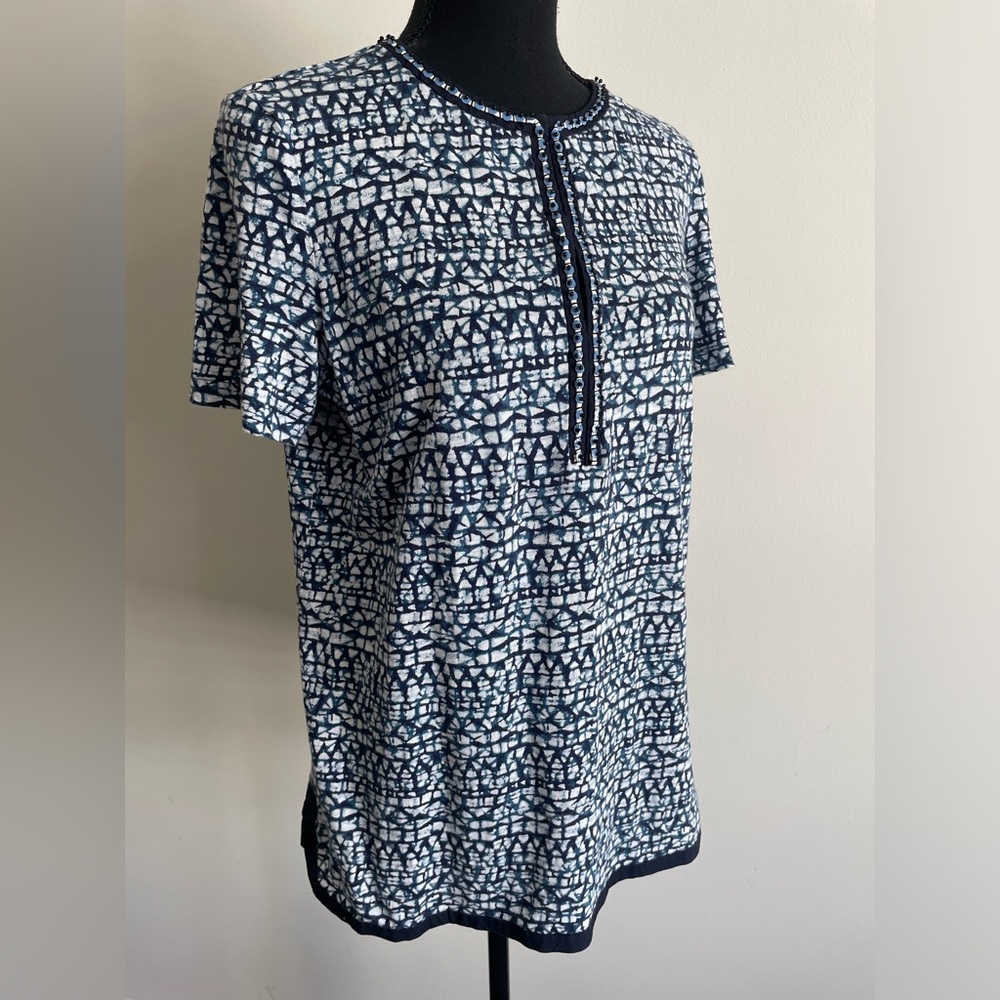 Tory Burch Sz M Nic Indigo Linen Knit Top Blue Batik Beaded Short Sleeve